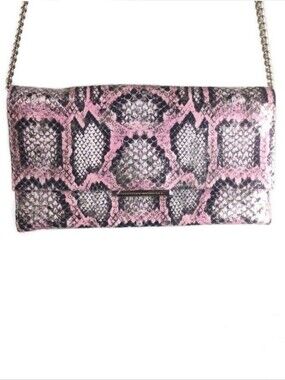 NWOT Loeffler Randall Tab Metallic Snakeskin Print Pink Leather Crossbody Clutch